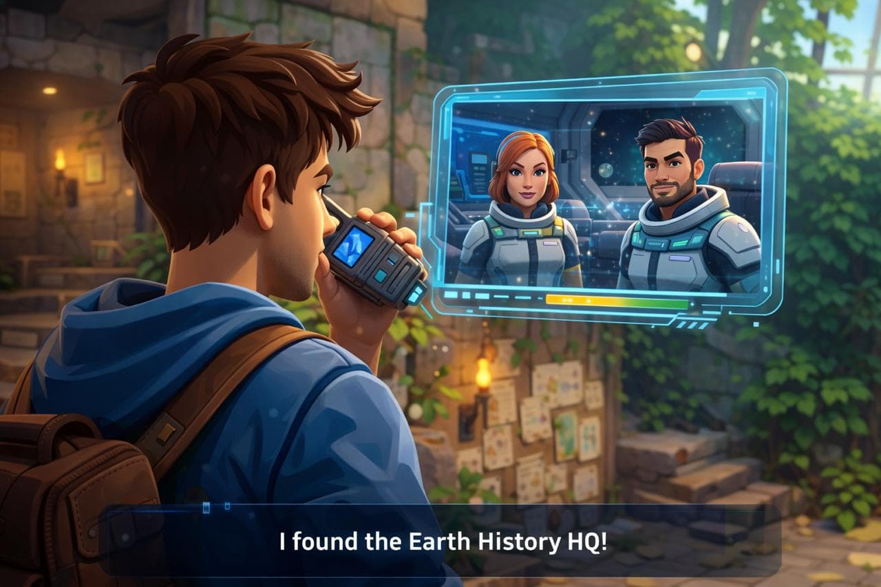 A boy video-calling space-suited guides on a holographic screen