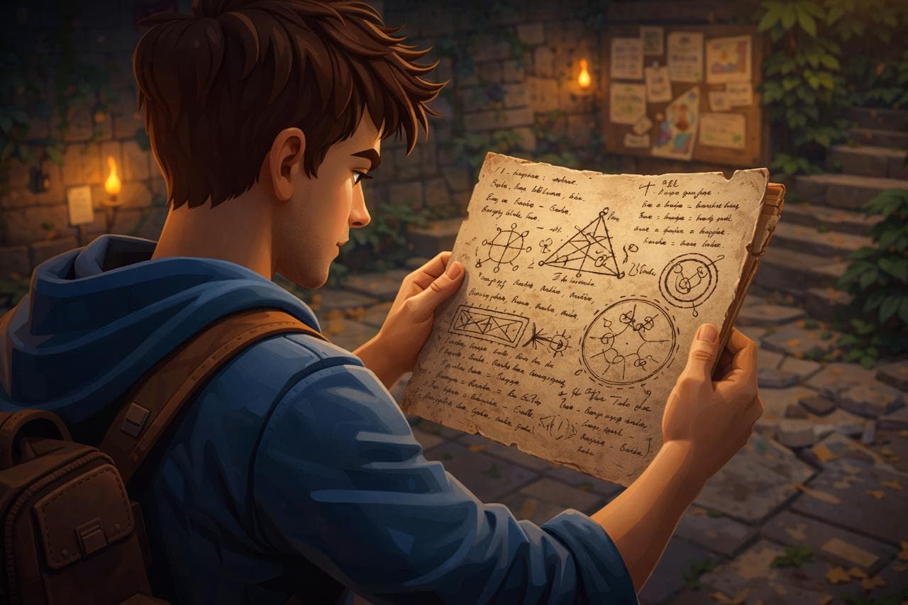 A boy reading an ancient scroll with diagrams and mathematical notations