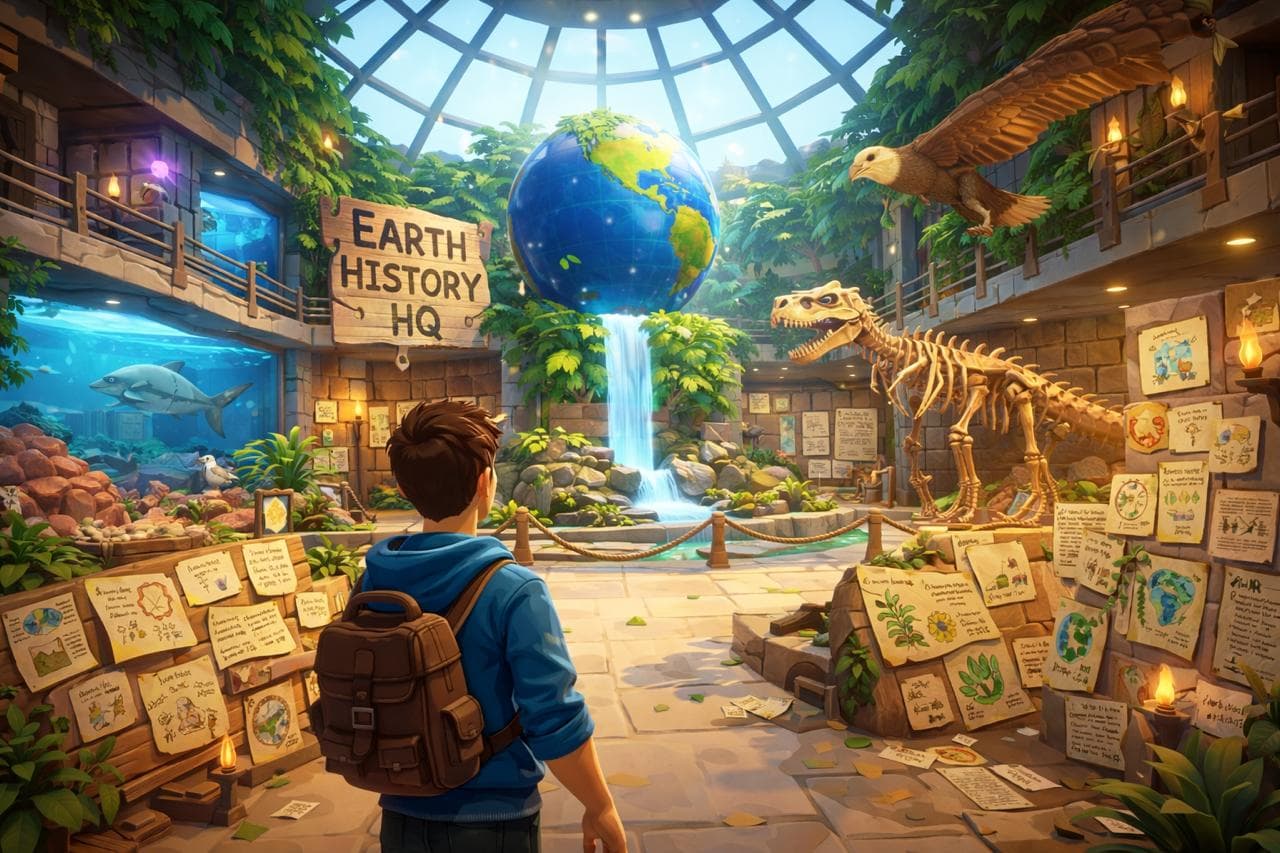 A boy entering the grand Earth History HQ museum with a globe, dinosaur skeleton, and exhibits