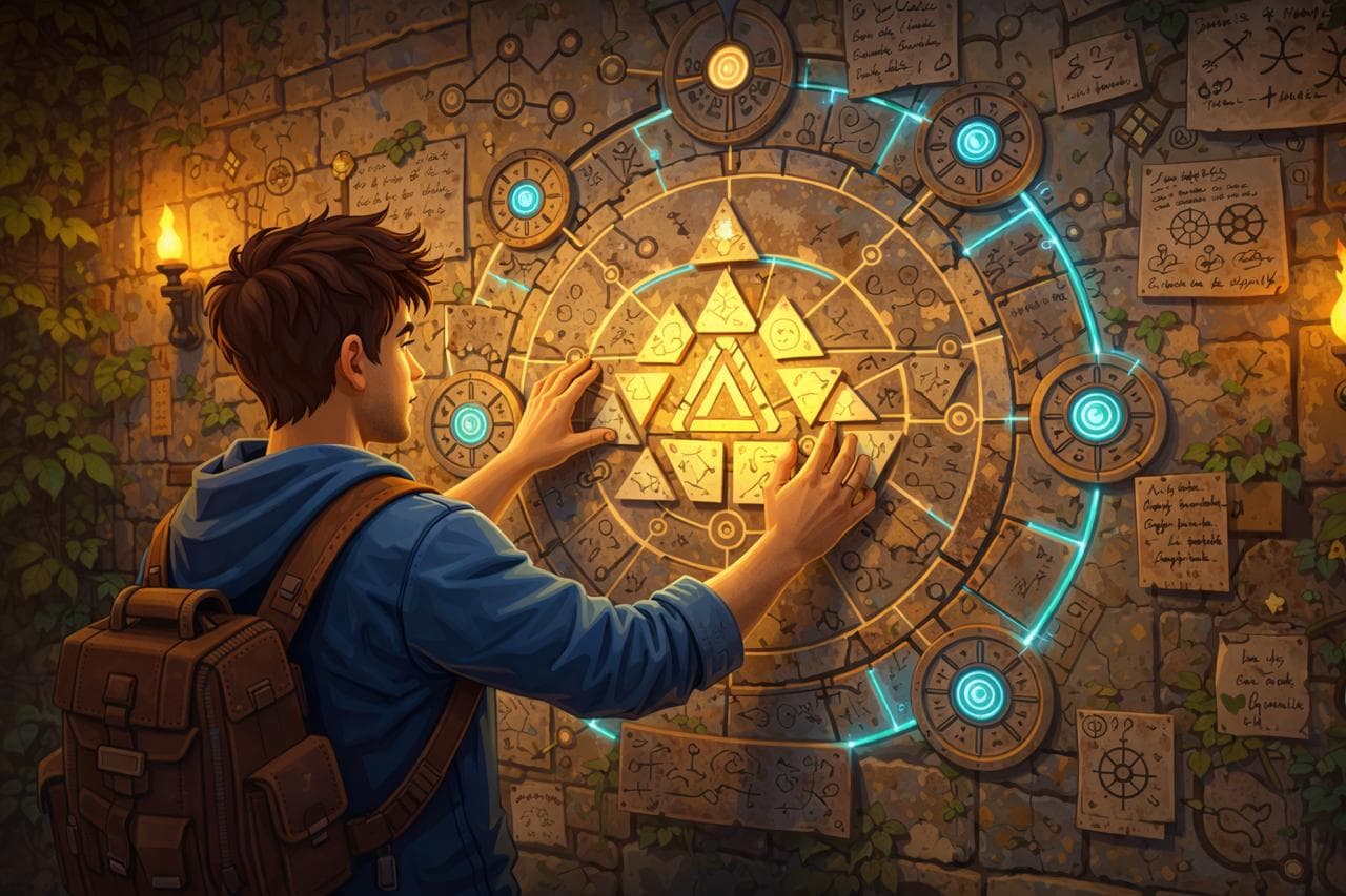 A boy interacting with a glowing ancient puzzle wall covered in symbols and notes